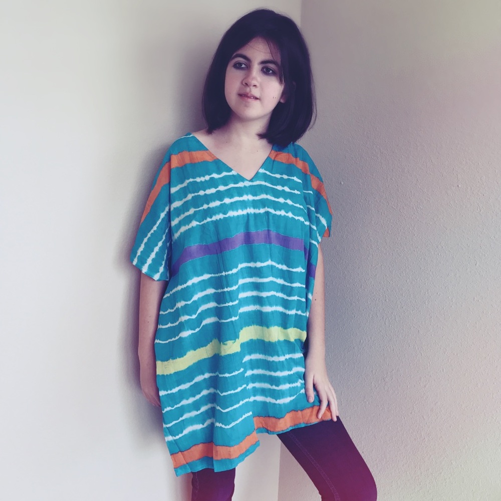 Vtg 70s Tie Dye Tunic Coverup Kaftan Blouse